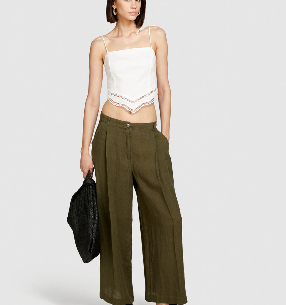 Wide leg 100% linen trousers - women's palazzo trousers - Military Green | Sisley image number 1